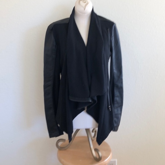Black vegan leather and jersey moto jacket - Picture 1 of 6